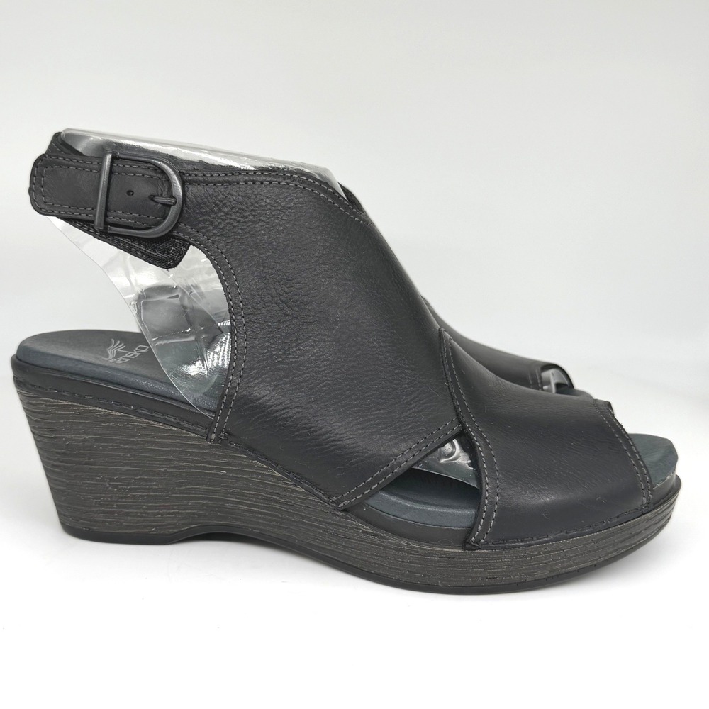 Dansko Women Black Leather Peep Toe Wedge Sandals Size 42 US 11.5 1701027200